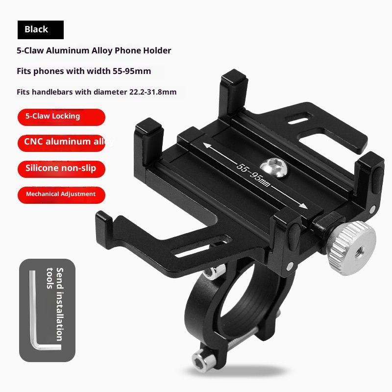 Bike Phone Mount Holder, Aluminum Motorcycle Phone Holder Mount with 360° Rotation, Aluminum Alloy Five Claws Adjustable Road Bike Bracket(Black)