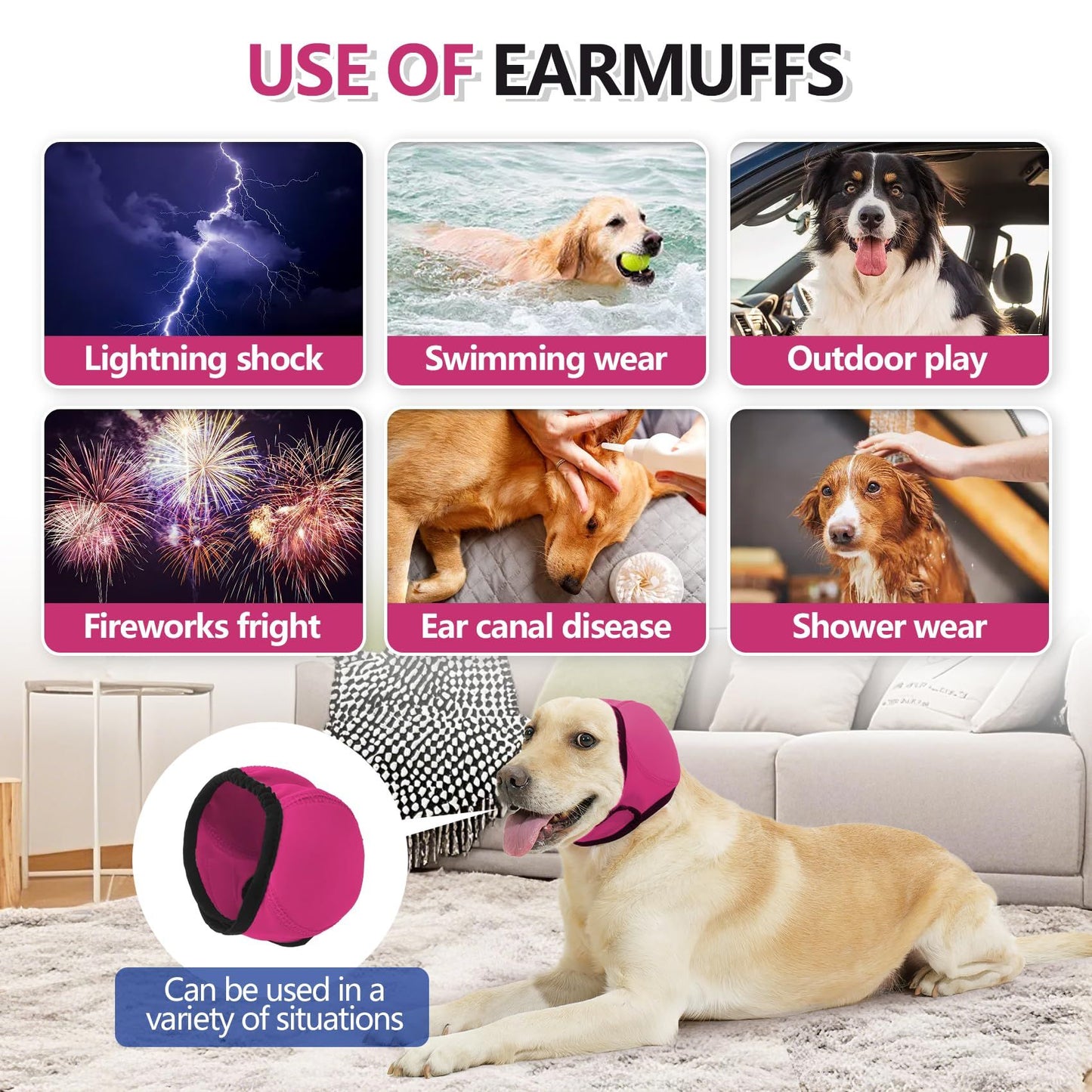 Dog Ear Muffs & No Shake Ear Wrap for Hematoma, Bathing, Drying,Swim& Noise Anxiety Relief - Elastic Waterproof Ear Protector with Calming Hoodie Design  (rose pink, M)