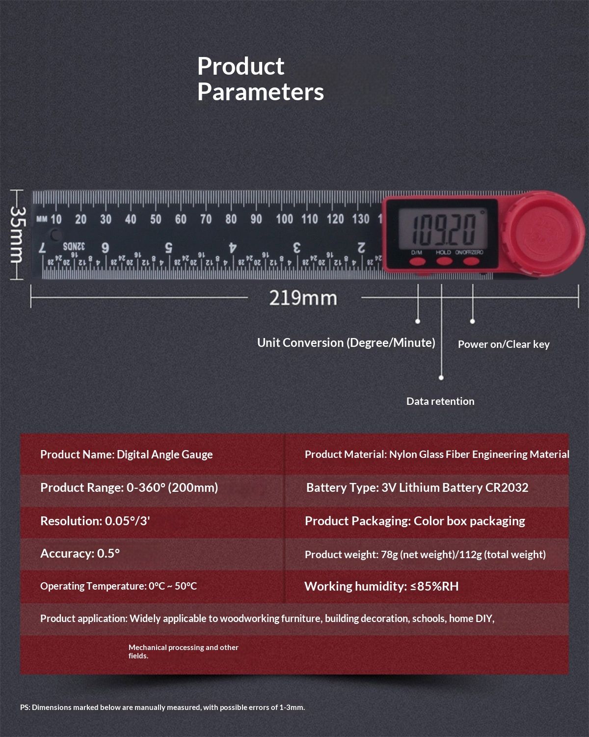Digital Angle Finder Protractor Third Generation Protractor Angle Finder, Digital Angle Ruler with 7inch/200mm, Angle Gauge for Woodworking/Carpenter/Construction Tools