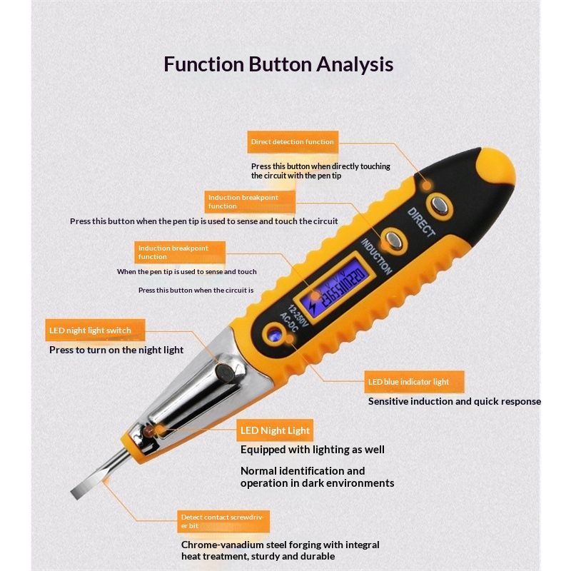 Test Screwdriver, Voltage Detector Pen Light Circuit Tester Electric Test Pen Screwdriver  Contact Induction LED with Light  12V-220V 1pcs