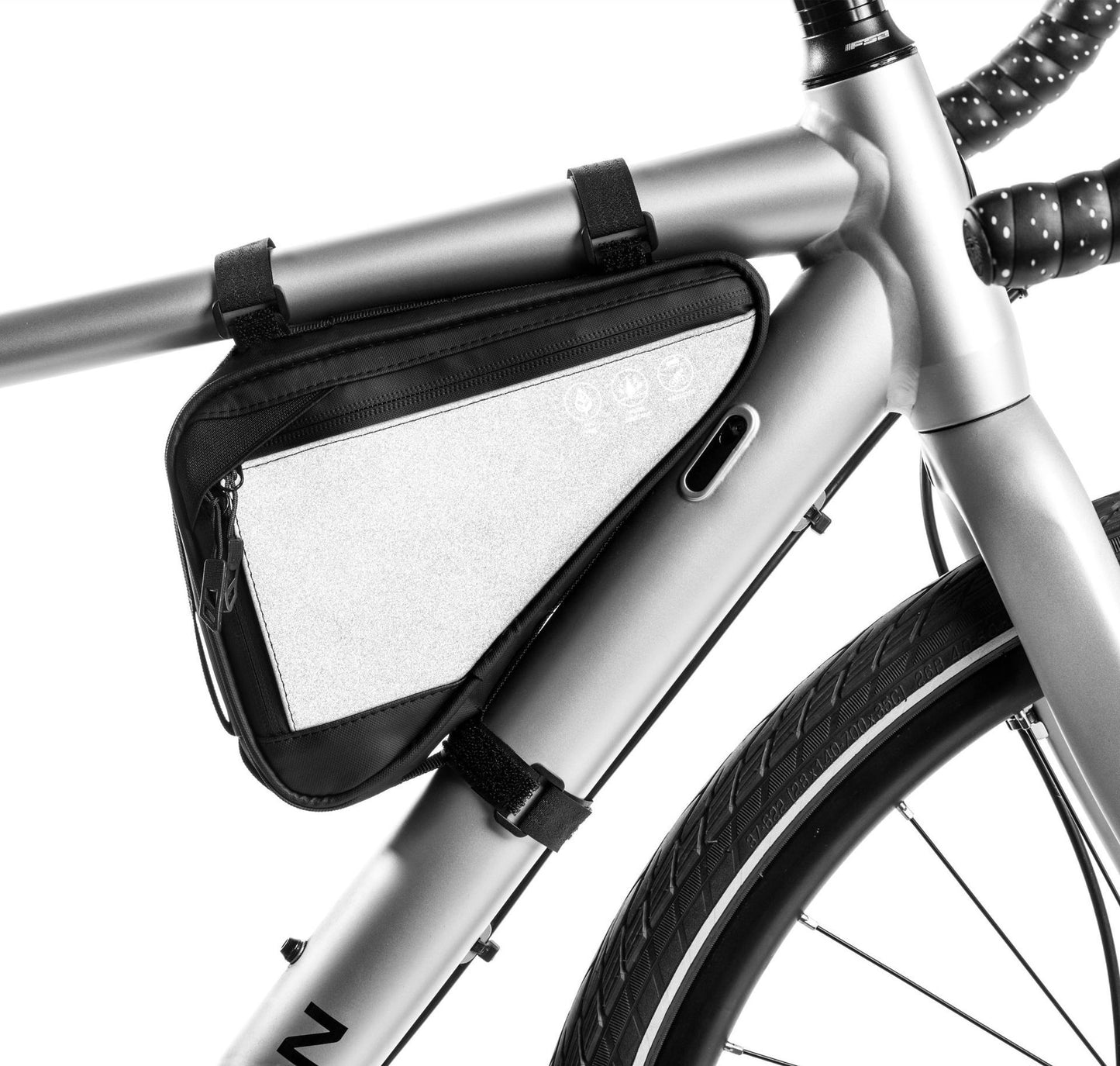 Bike Frame Storage Bag, Water Resistant Reflective Bicycle Triangle Bag with Two Side Pockets, Strap-On Under Seat Tool Accessories Pouch for Mountain Road Bike Trip