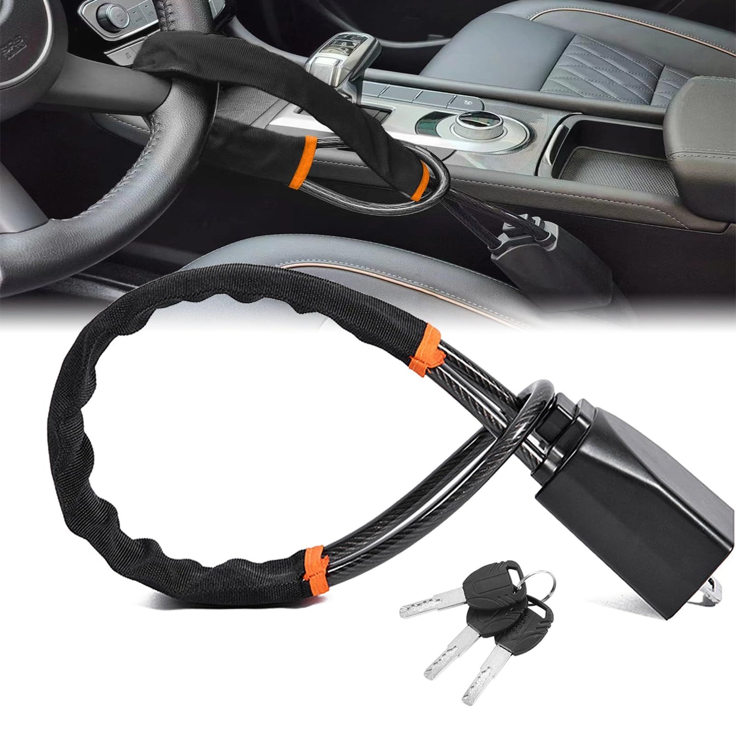 Car Steering Wheel Lock, Seat Belt Lock, Anti-Theft Device, Small and Light-Weight, Multi-Functional, Fit Most Vehicle, SUV, Golf Cart Security (Black)