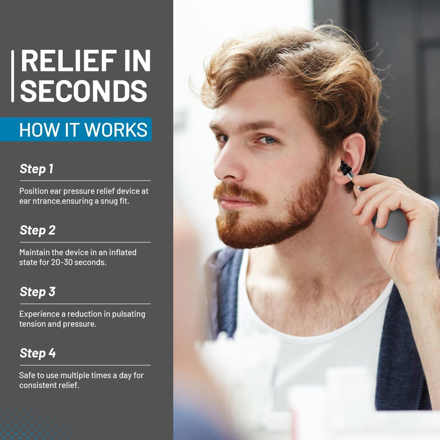 Ear Pressure Relief Device, Instant & Sustained Relief Migraine Ear, Instant Migraine and Headache Alleviation Through Targeted Inner Ear Stimulation (grey)