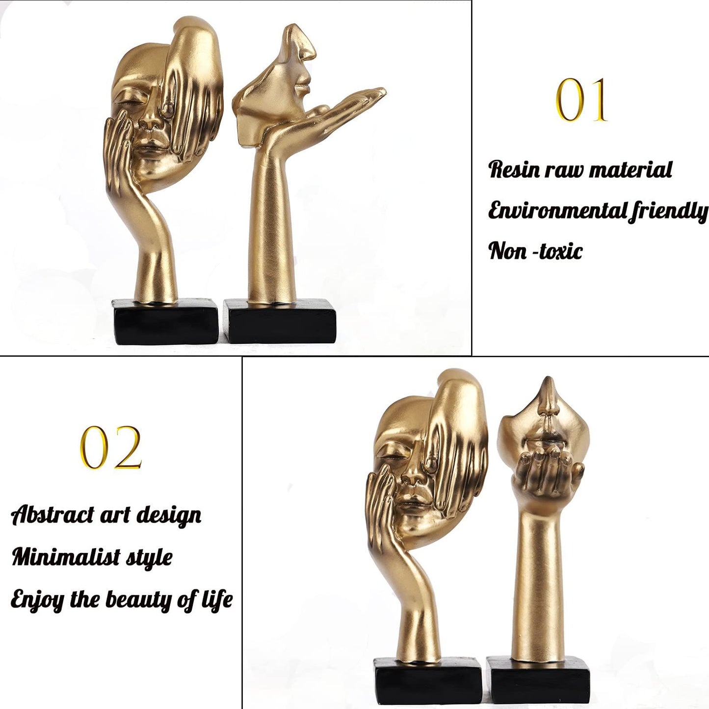 2Pcs Small Statue Set - Black Gold Home Decor Abstract Art Figurines for Shelves, Living Room Coffee Table, Office Desktop (17*6.5cm)