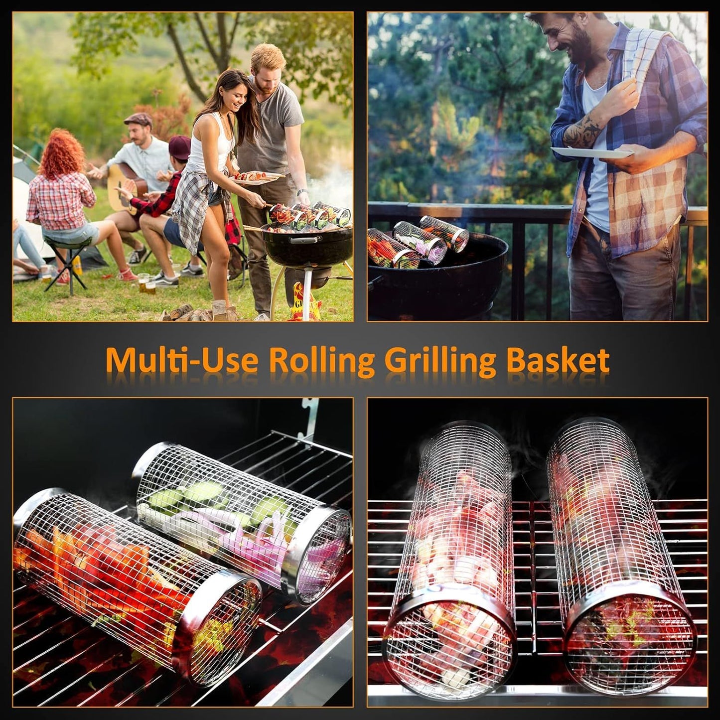 2PCS Rolling Grill Baskets for Outdoor Grill, Egg Accessories-Set Includes Fork, Hook, and Oil Brush-304g Stainless Steel-Perfect Gifts for Dad, Camping Must Haves, Unique Outdoor Gifts