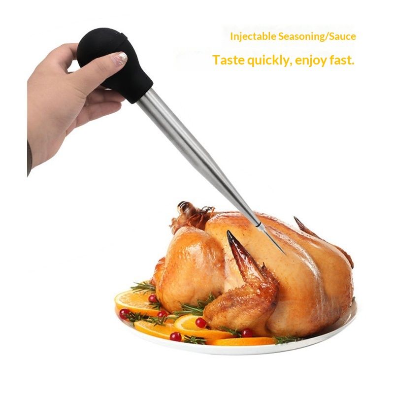 Stainless Steel Food Grade Turkey Baster for Cooking, Baking, Injecting Marinade With cleaning brush（Black）