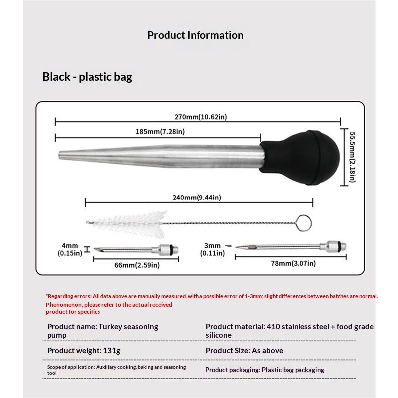 Stainless Steel Food Grade Turkey Baster for Cooking, Baking, Injecting Marinade With cleaning brush（Black）