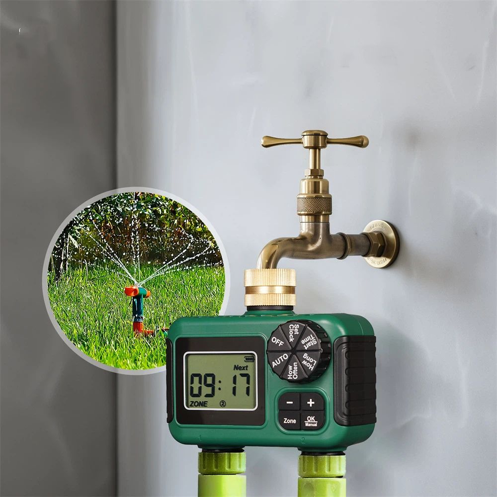 2 Outlet Sprinkler Timer, Water Timer, Programmable Garden Hose Timer with Rain Delay, Manual& Automatic Watering System（11.6*11.7*6.8cm)