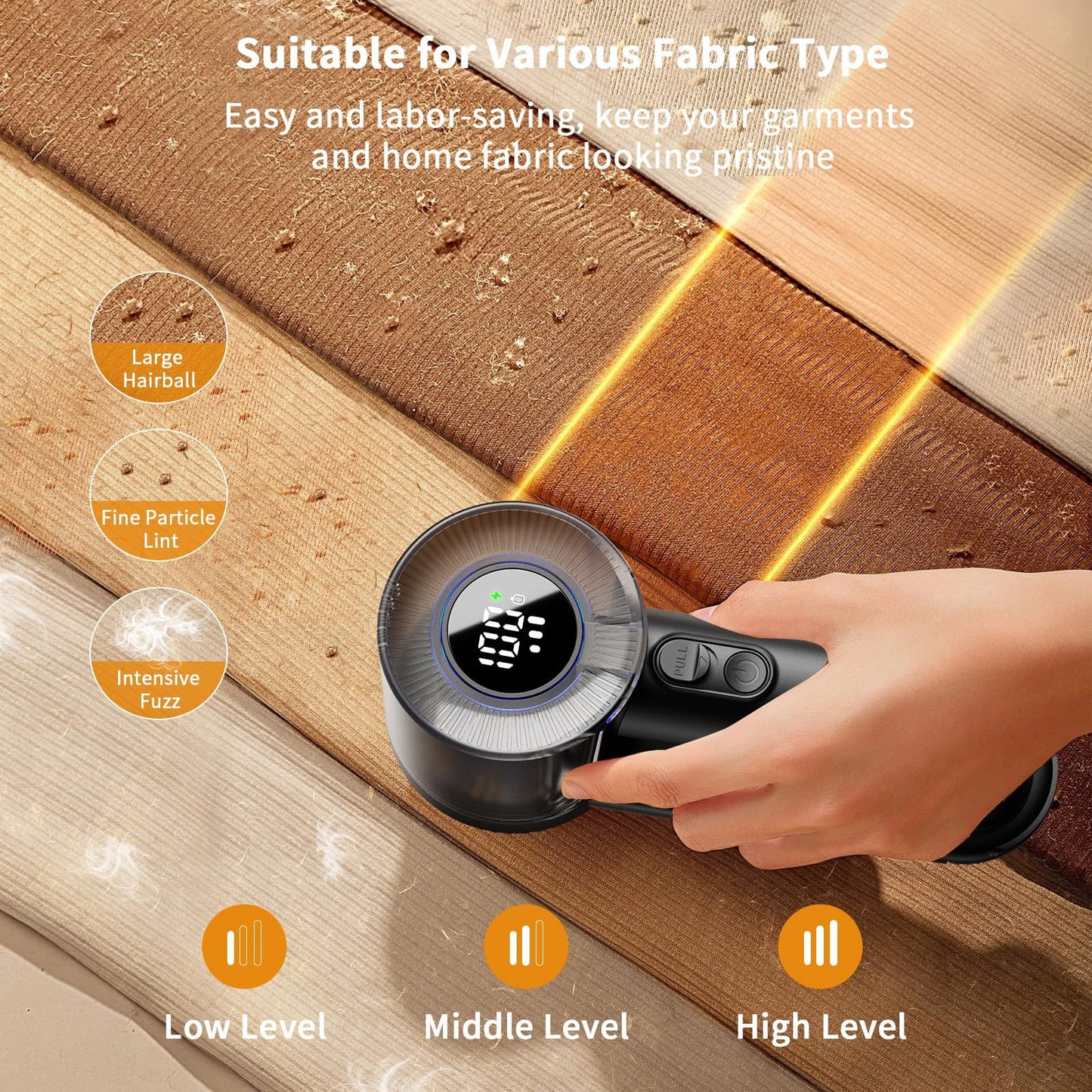 Electric Fabric Shaver & Lint Remover, Rechargeable Portable 3-Speed LED Digital Display Sweater Defuzzer for Clothes, Sofa, Bedding - Removes Lint, Hairball, Fuzz - Black