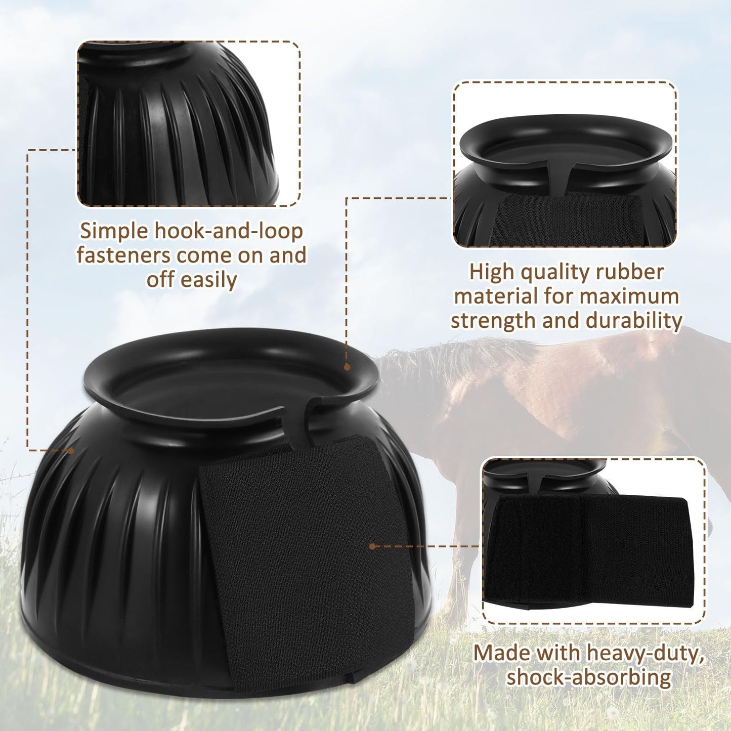Bell Boots for Horses 1 Pair Protect Against Hoof Impact Trauma, Rubber Bell Boots Horse Care for Turnout, No Rub Design Wrap Hook and Loop