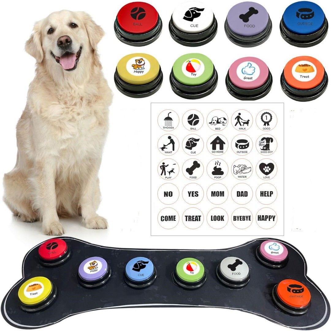 Dog Buttons for Communication, 8 Pcs Dog Talking Button Set, Speaking Button for Dogs with Waterproof Anti-Slip Dog Button Mat and 25 Scene Stickers