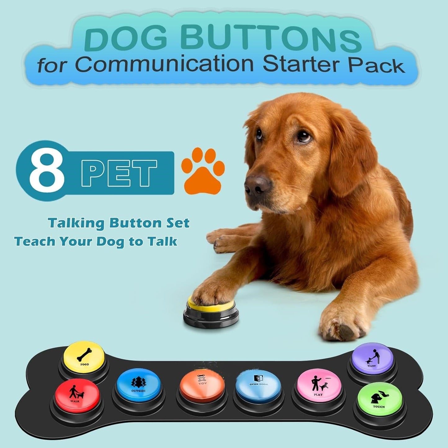 Dog Buttons for Communication, 8 Pcs Dog Talking Button Set, Speaking Button for Dogs with Waterproof Anti-Slip Dog Button Mat and 25 Scene Stickers