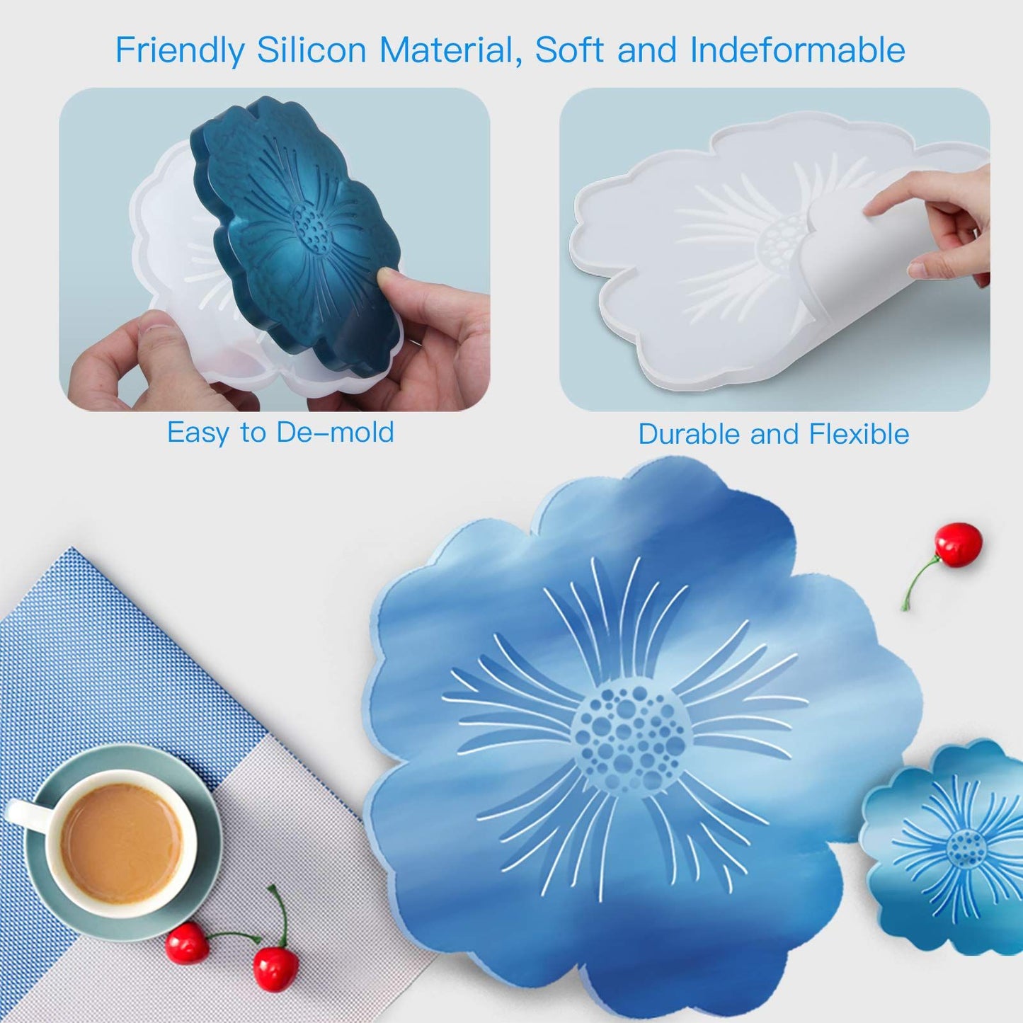 Silicone Resin Molds, 1PCS Large Resin Tray Mold and 5PCS Coaster Molds for Resin Casting, Flower Shape Epoxy Resins Casting Molds for, Home Decoration, Table Wine Tray-6 PCS