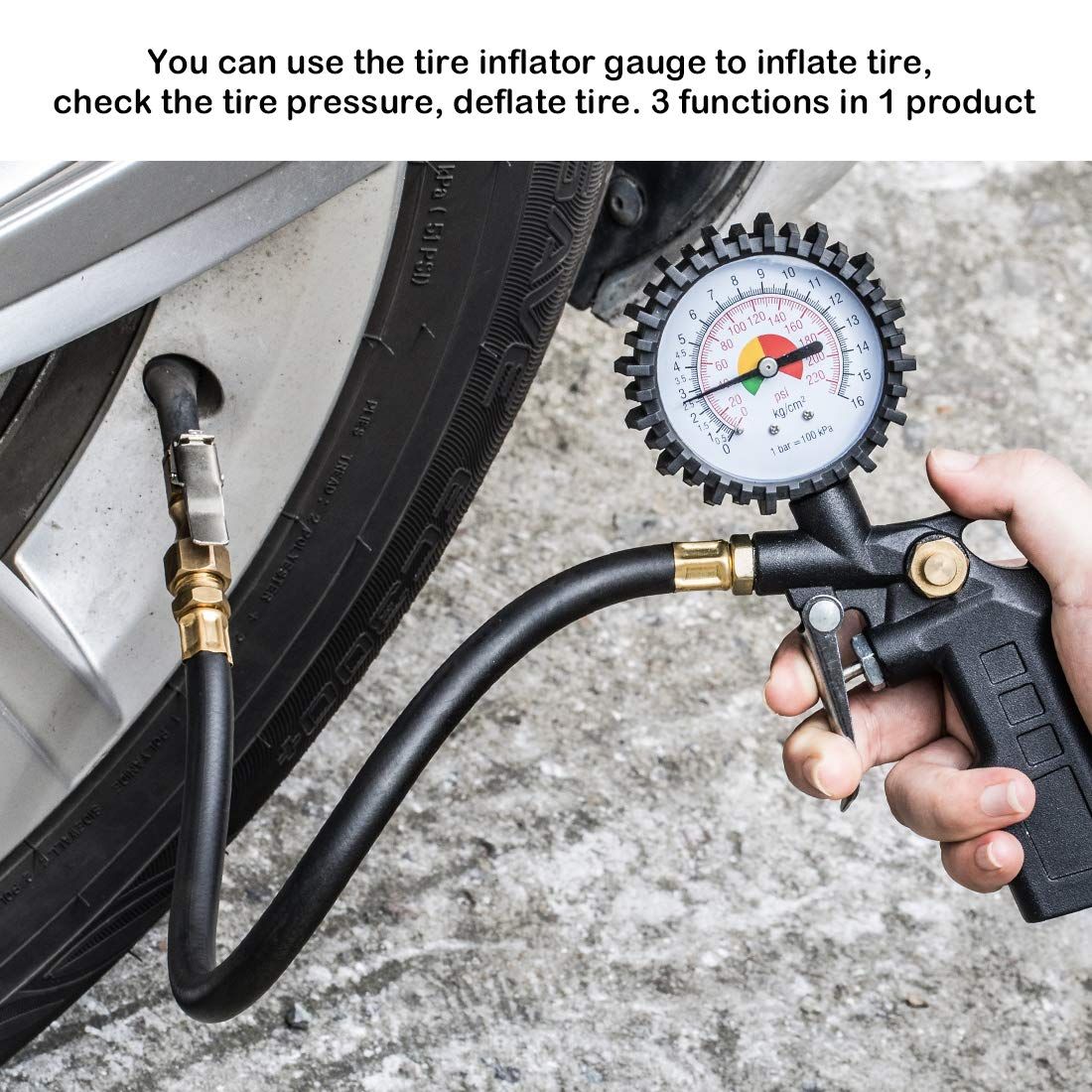 Tire Inflator Deflator Air Pressure Gauge with Rubber Hose,  Dial Wheel Inflator Gage with Straight Brass Lock-on Chuck Compatible with Air Pump Compressor for  Car Motorcycle Bike