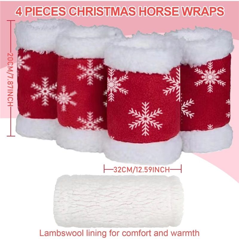 Christmas Red Horse Leg Protectors polar fleece Standing Wraps, Pack of 4,for Horses Leg Loose and Comfortable for Christmas Parades (Snowflake)