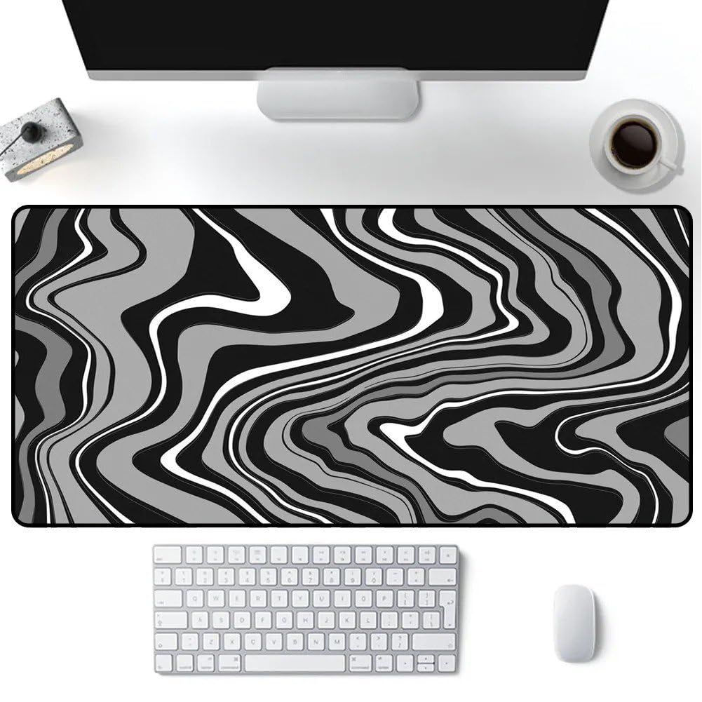 Abstract Black and White Marble Fluid Topographic Contour Map Ink Liquid Wave Gaming Keyboard Mouse Pad Mousepad Desk Mat Huge Extended XL Stitched Edge Rubber Sole for Home Office(31.5"X 11.8")