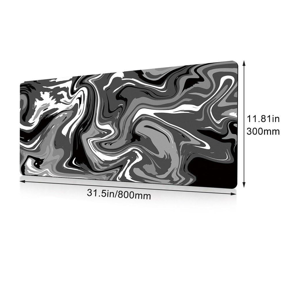 Abstract Black and White Marble Fluid Topographic Contour Map Ink Liquid Wave Gaming Keyboard Mouse Pad Mousepad Desk Mat Huge Extended XL Stitched Edge Rubber Sole for Home Office(31.5"X 11.8")
