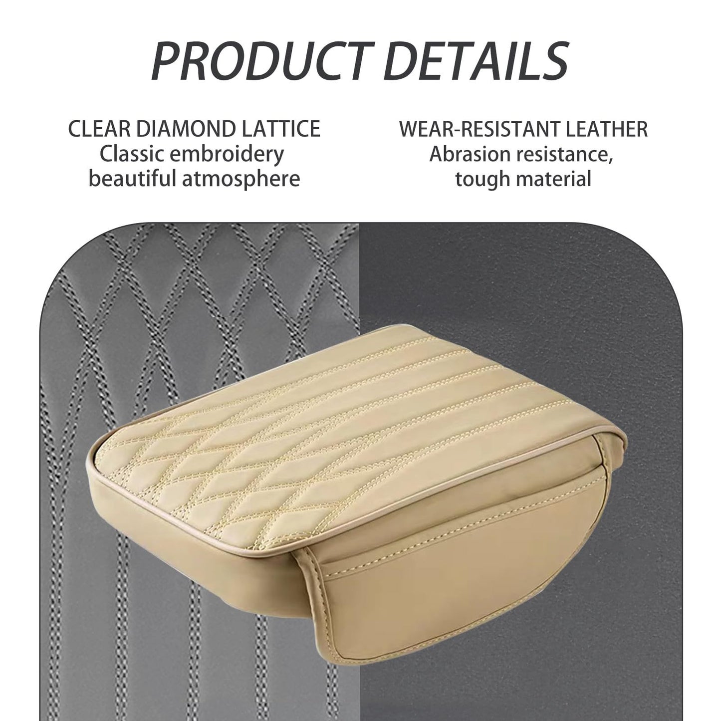 Car Center Console Cover, Leather Car Armrest Box Cover, 12.5" x 8.6" x 1.9" Arm Rest Pad with Pockets, Soft Auto Armrest Storage Box Protector, Universal Interior Car Accessories (Beige)