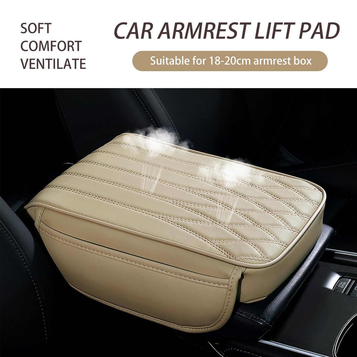 Car Center Console Cover, Leather Car Armrest Box Cover, 12.5" x 8.6" x 1.9" Arm Rest Pad with Pockets, Soft Auto Armrest Storage Box Protector, Universal Interior Car Accessories (Beige)