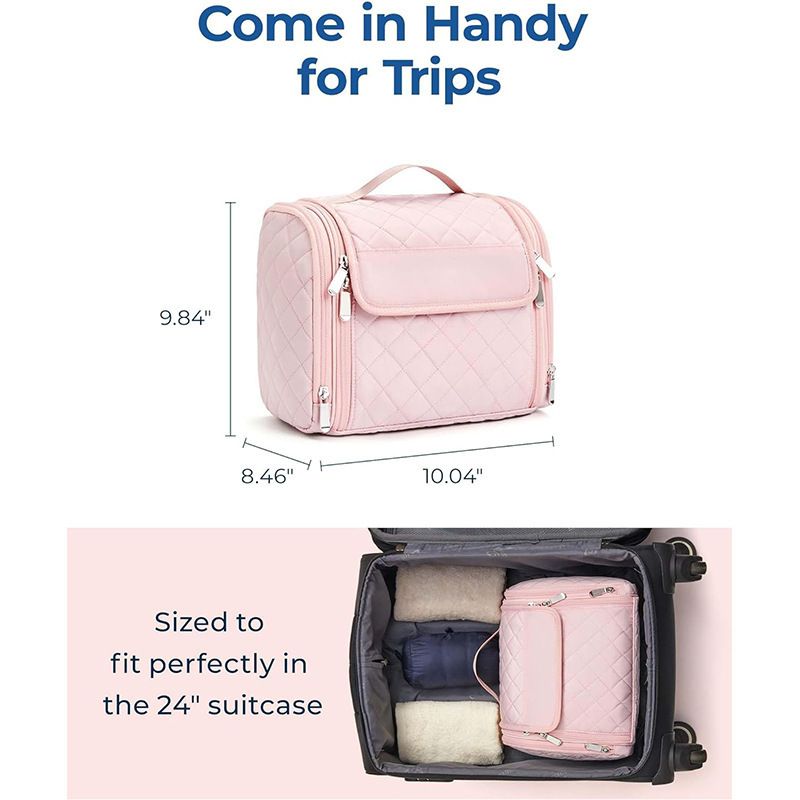 Makeup Bag for Women with Hanging Hook, Large Portable Capacity Water-resistant Organizer Travel Case for Toiletries and Cosmetics, Pink