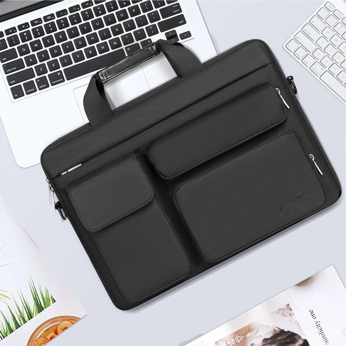 Protective Laptop Case 13 inch Laptop Sleeve, Open Bag with 2 Raised&1 Flapover&1 Handle&Belt, Laptop Case with Handle Black