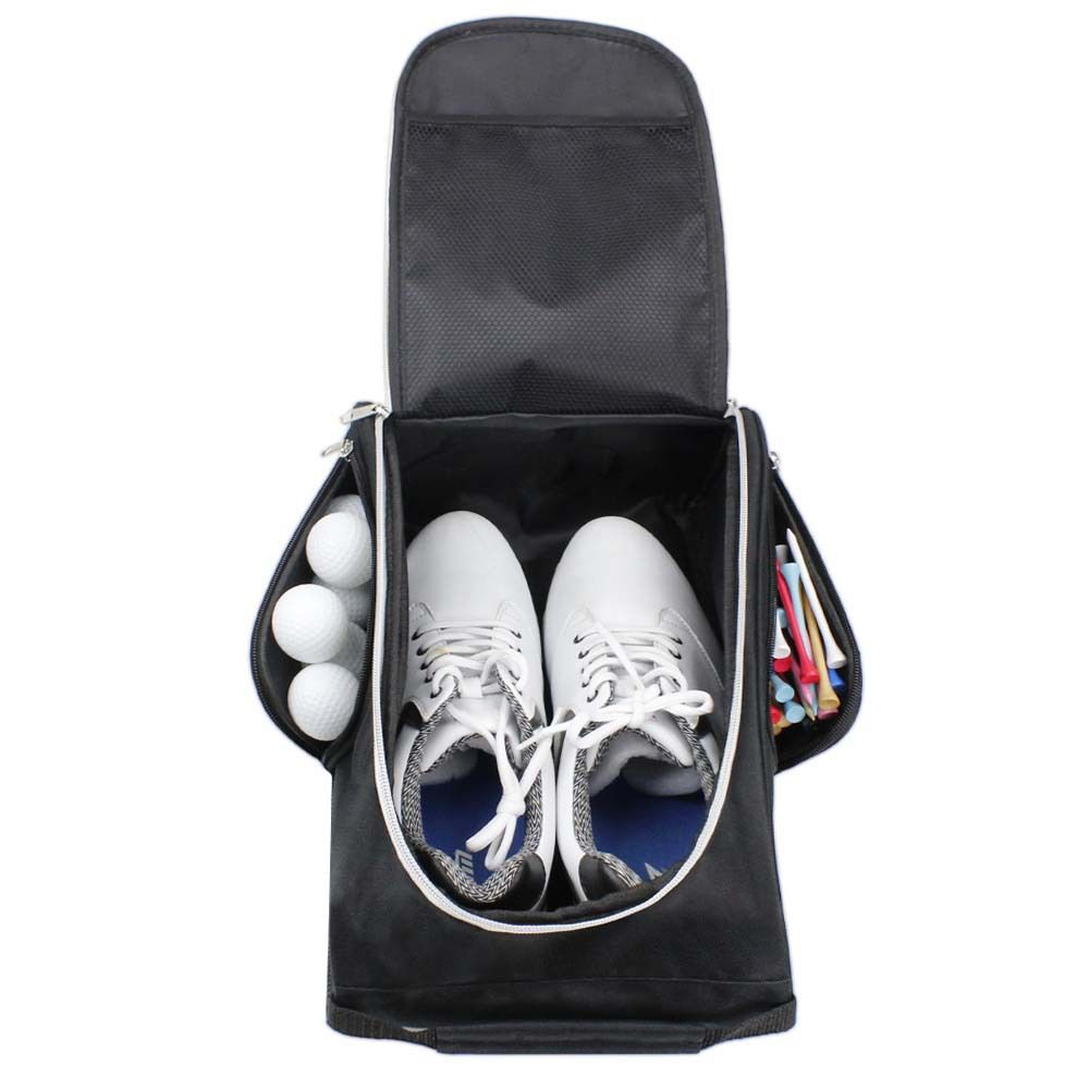 Golf Shoe Bag for Travel Zippered Sport Shoe Carrier Bags with Side Accessory Pockets for Socks, Tees, Golf Balls（Black）