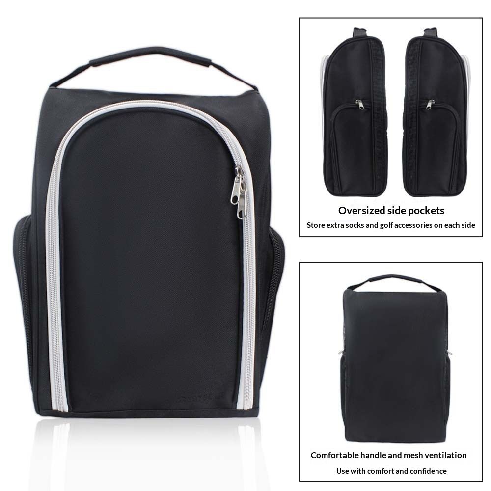 Golf Shoe Bag for Travel Zippered Sport Shoe Carrier Bags with Side Accessory Pockets for Socks, Tees, Golf Balls（Black）