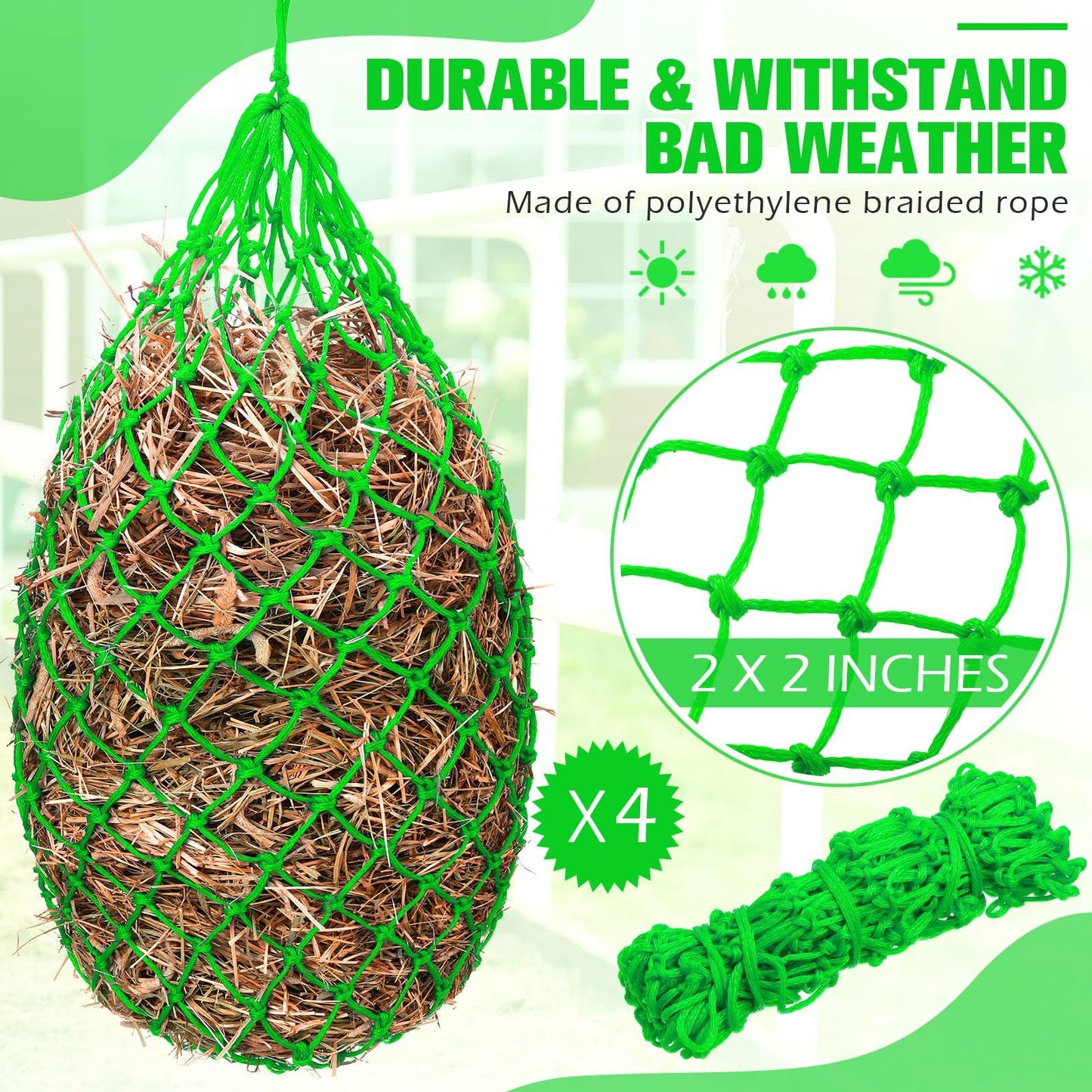 4 Pcs Hay Bags for Horses 40 Inch Slow Feed Hay Nets Bag for Horses Goats Sheep Oxford Hanging Feeder Feeding Supplies for Trailer and Stall Easy to Fill and Hang(Green)