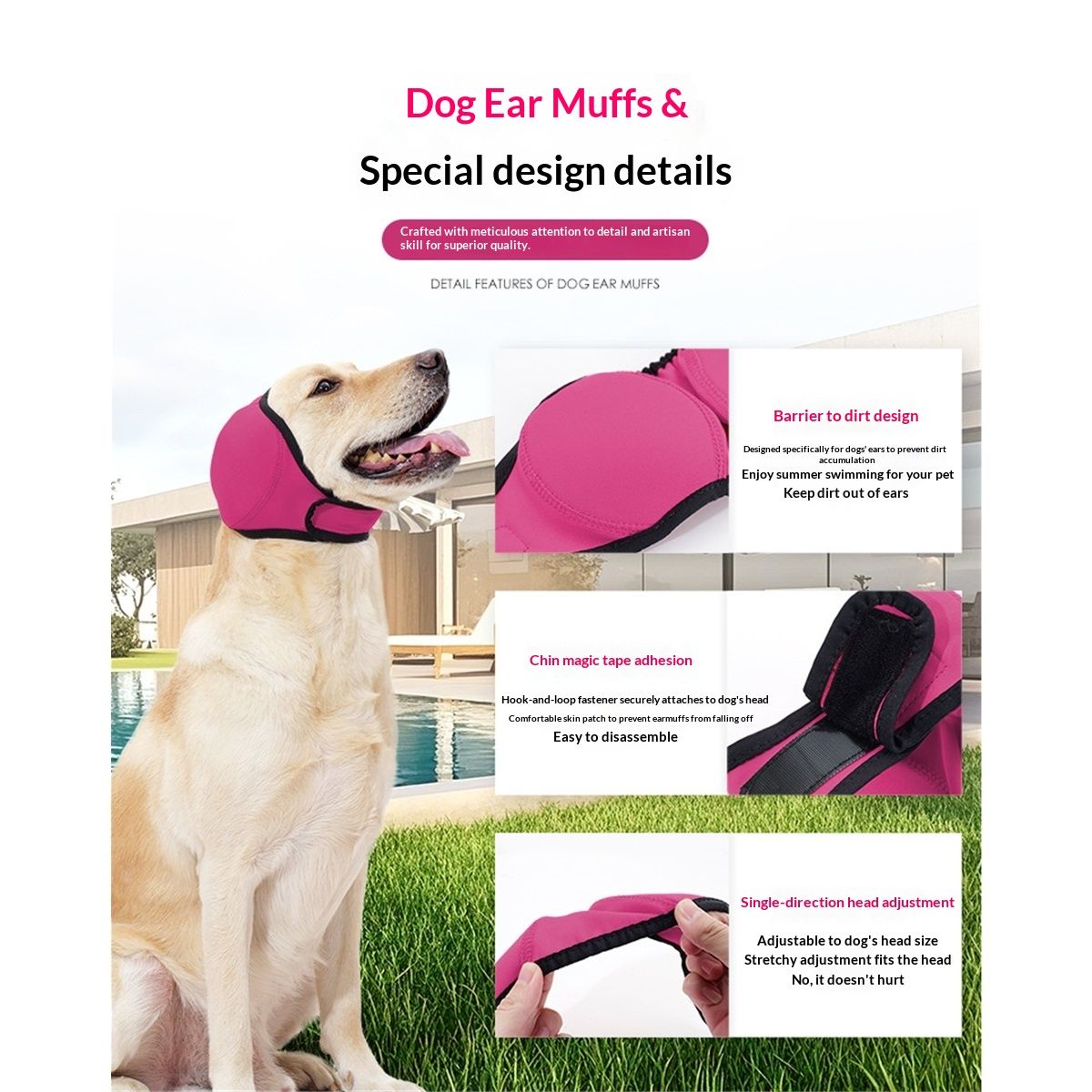 Dog Ear Muffs & No Shake Ear Wrap for Hematoma, Bathing, Drying,Swim& Noise Anxiety Relief - Elastic Waterproof Ear Protector with Calming Hoodie Design for Grooming/Head Ear Cover (Pink, L)