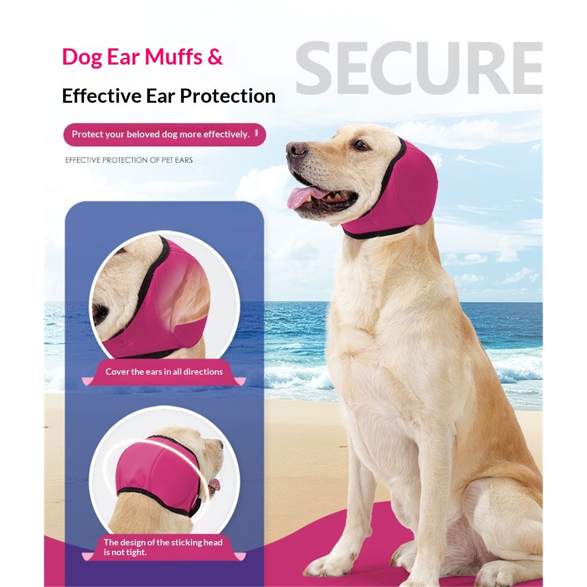Dog Ear Muffs & No Shake Ear Wrap for Hematoma, Bathing, Drying,Swim& Noise Anxiety Relief - Elastic Waterproof Ear Protector with Calming Hoodie Design for Grooming/Head Ear Cover (Pink, L)