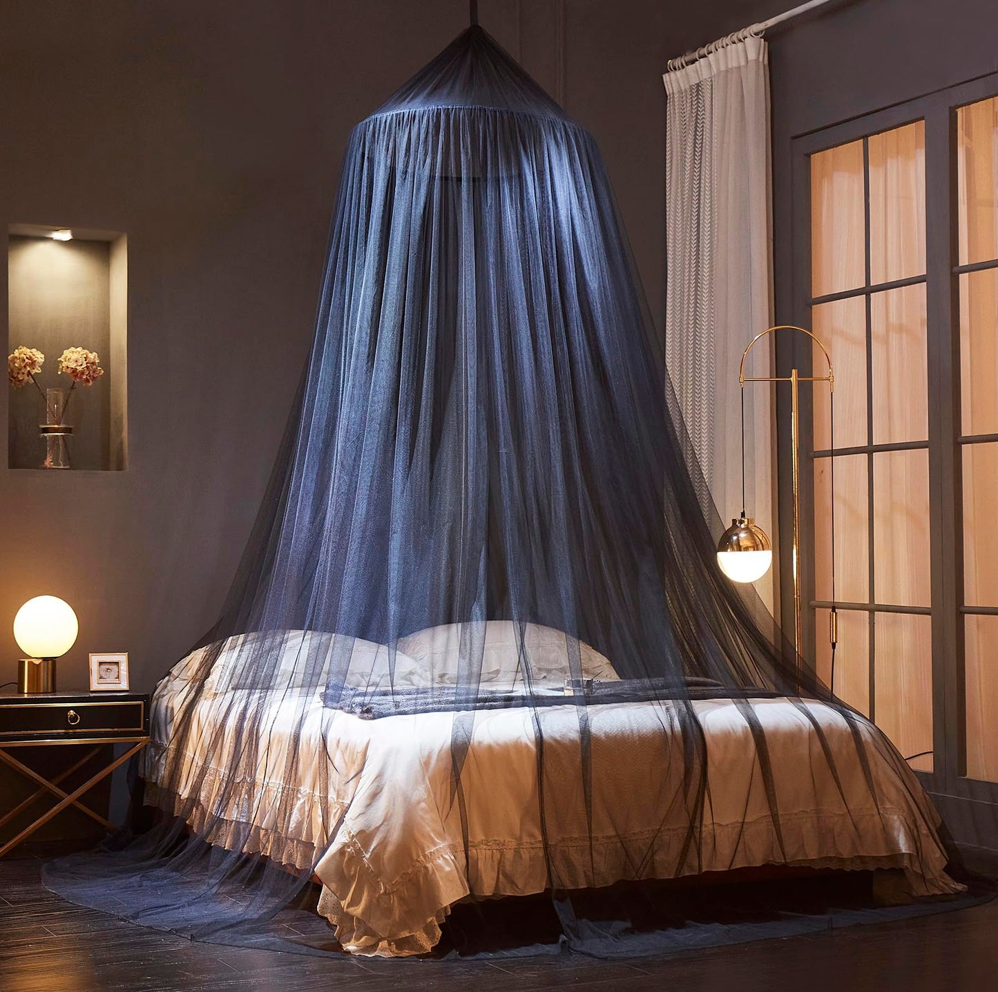 Black Canopy Bed Curtains - Netting Room Decor, Ceiling Tent, Canopy for Single, Twin, Full, Kids Bed Curtains, Fire Retardant Fabric （For beds below 1.5 meters）