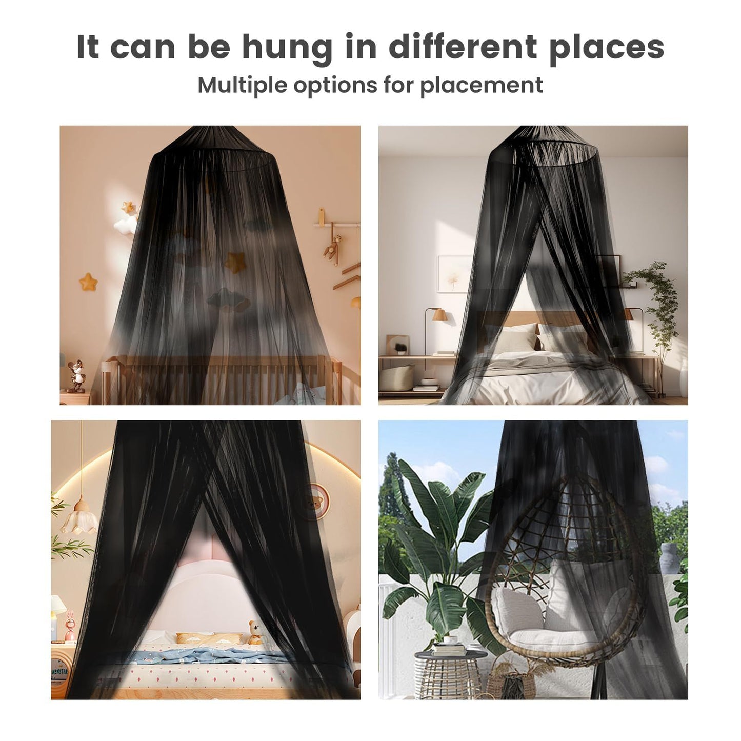 Black Canopy Bed Curtains - Netting Room Decor, Ceiling Tent, Canopy for Single, Twin, Full, Kids Bed Curtains, Fire Retardant Fabric （For beds below 1.5 meters）
