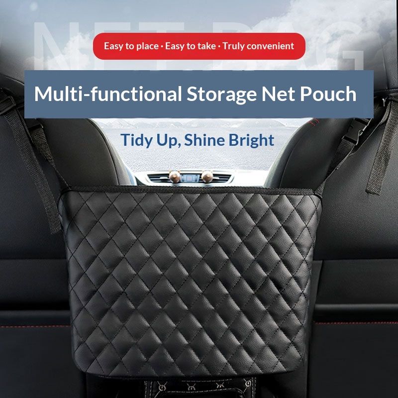Car Purse Holder - Durable Leather Seat Back Organizer, Front Seat Storage Barrier, Pet & Kids Driver Storage Netting Pouch （Classic）