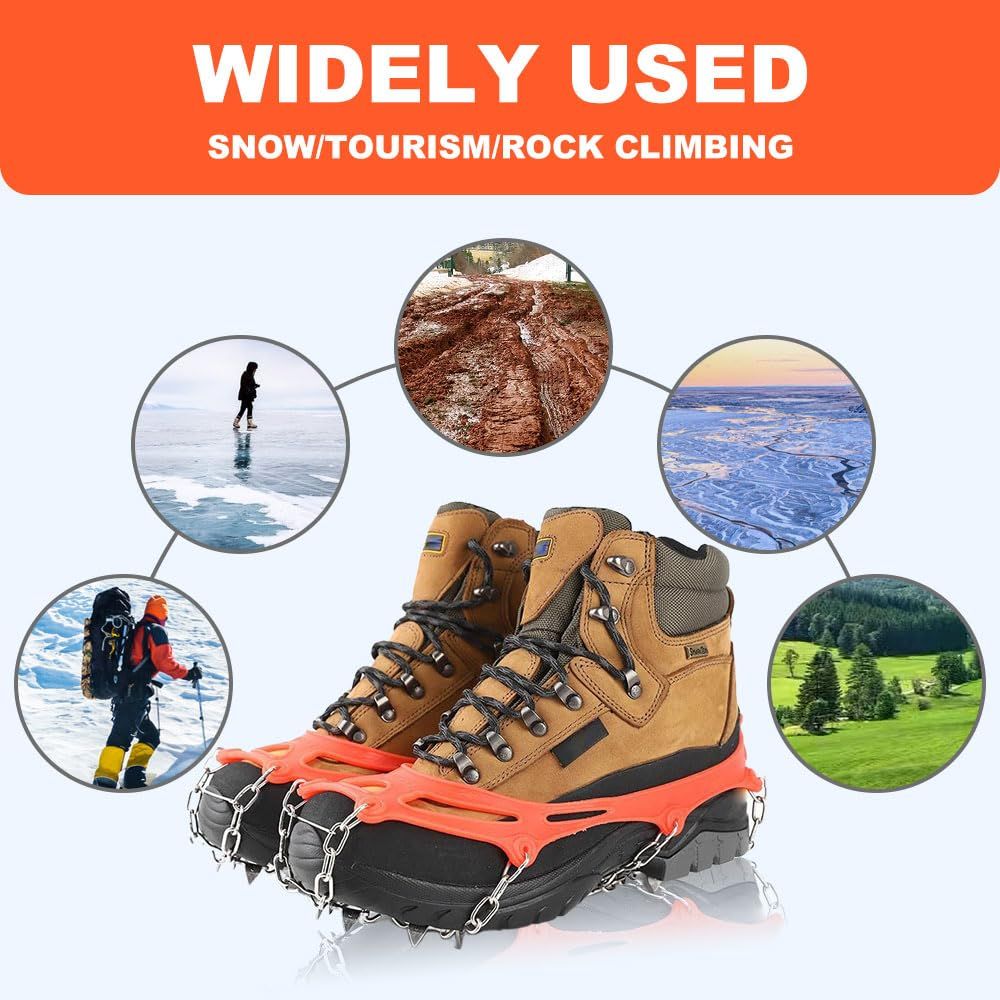 Crampons for Shoes, Traction Cleats Ice Snow Grips with 8 Stainless Steel Spikes, Shoe Talons Anti - Slip Boots Spikes for Walking, Jogging, Climbing and Hiking orange