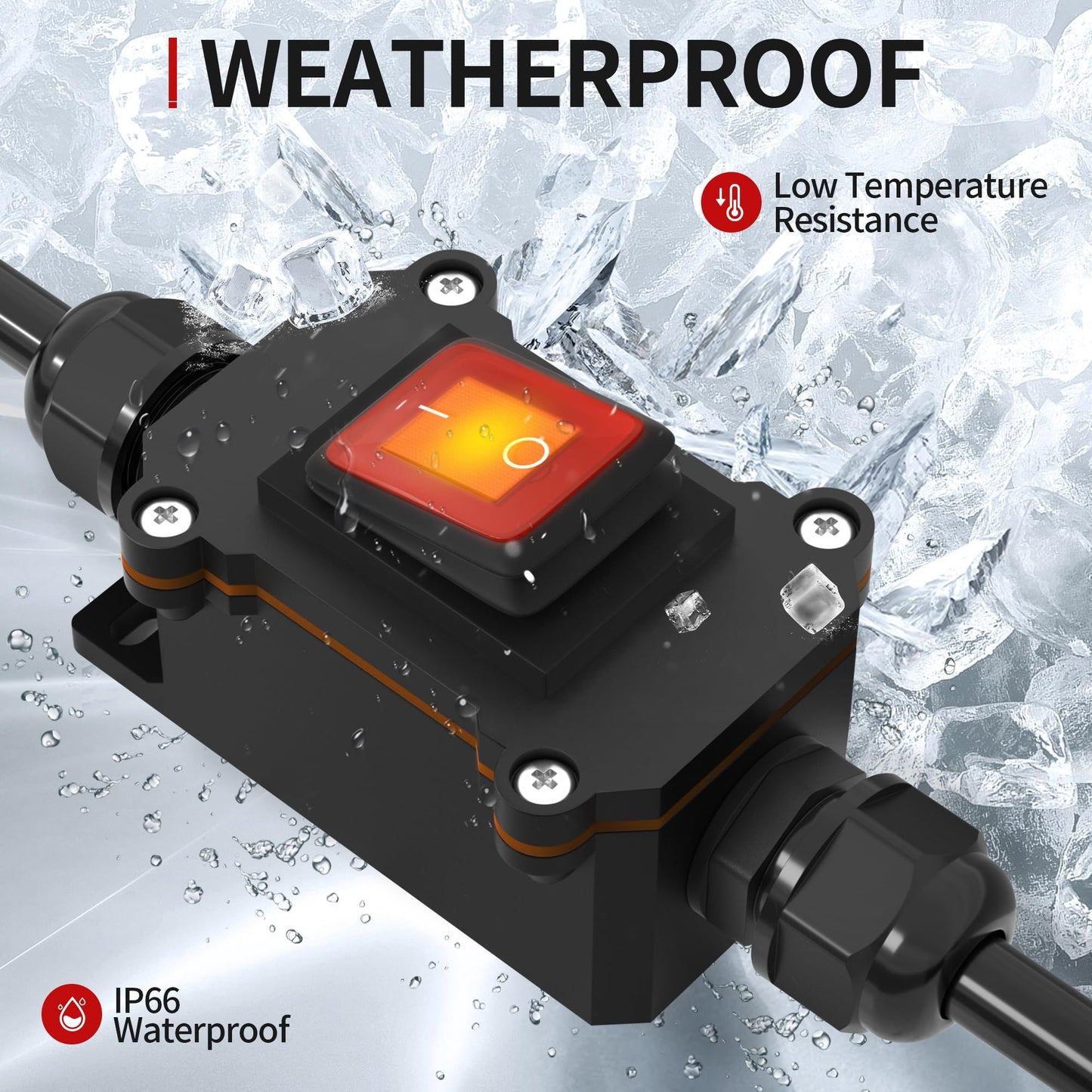 Inline Cord Switch 16A DC Waterproof Inline Switch IP66 Red Lighted with Wire Outdoor Inline Power Lamp ON/Off Switch