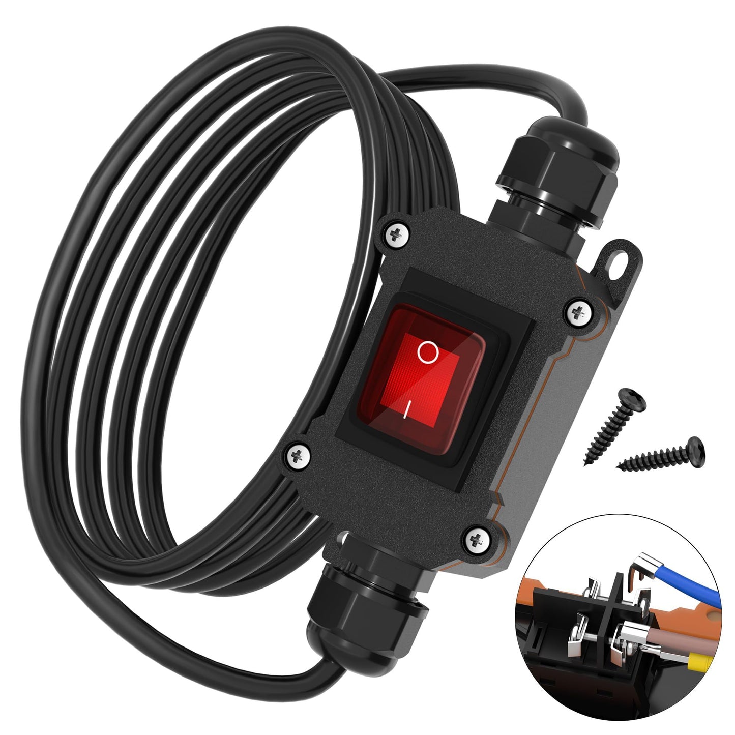 Inline Cord Switch 16A DC Waterproof Inline Switch IP66 Red Lighted with Wire Outdoor Inline Power Lamp ON/Off Switch