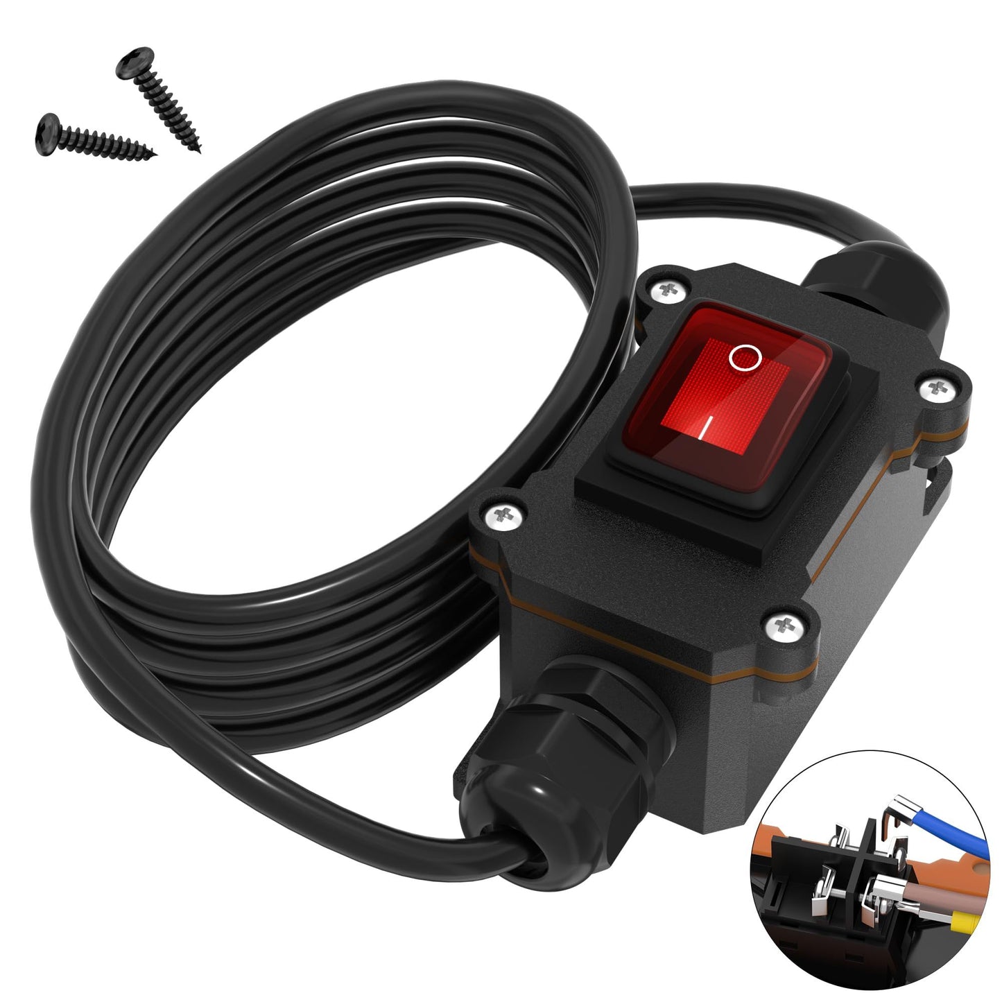 Inline Cord Switch 16A DC Waterproof Inline Switch IP66 Red Lighted with Wire Outdoor Inline Power Lamp ON/Off Switch