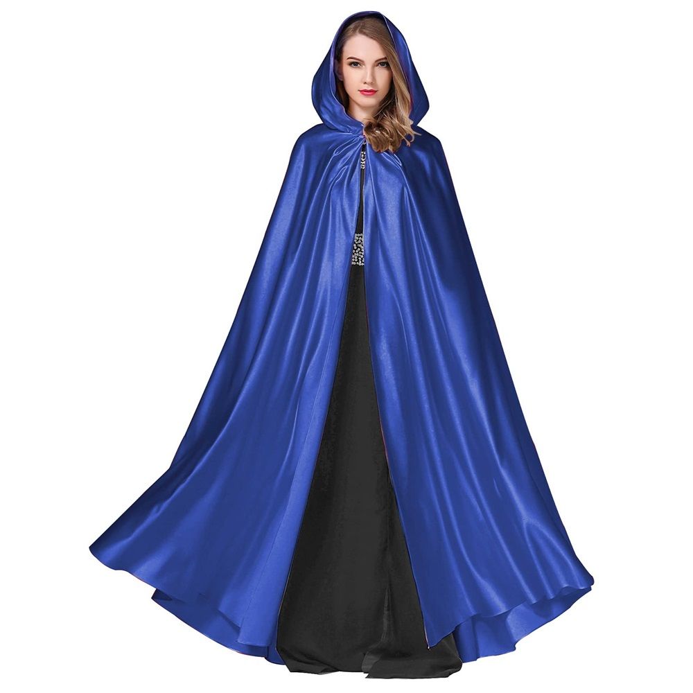 Women's Wedding Hooded Cape Bridal Cloak Poncho Full Length （170）blue  Satin Hooded Cape Unisex Halloween Cloak for Devil Witch Wizard Halloween Christmas Cosplay