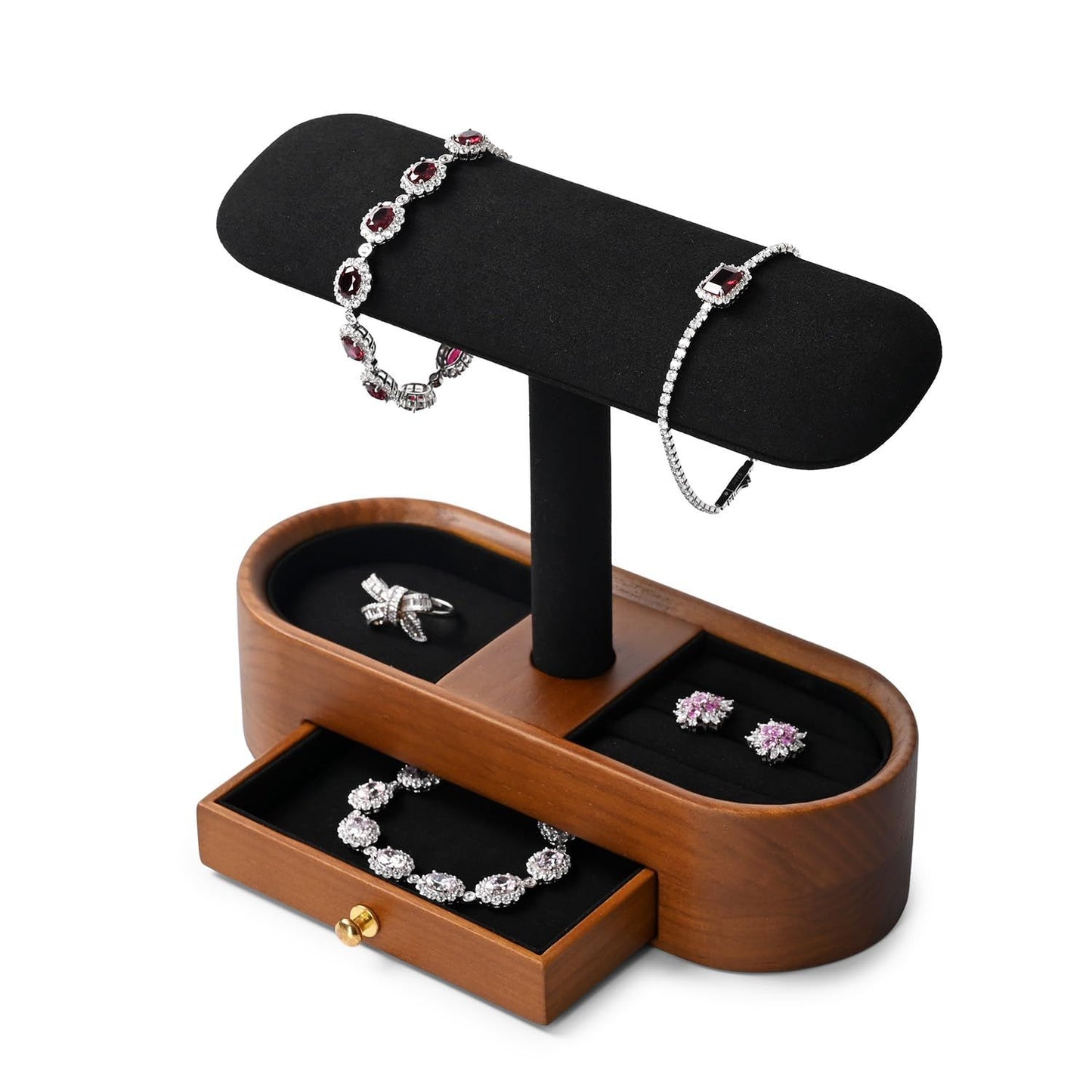 Solid Wood Watch Stand with Drawer T-bar Watch Holder Organizer for Men and Women Showcase Bracelet Bangle Jewelry Display Stand Rings Earrings Necklace Storage(Black)