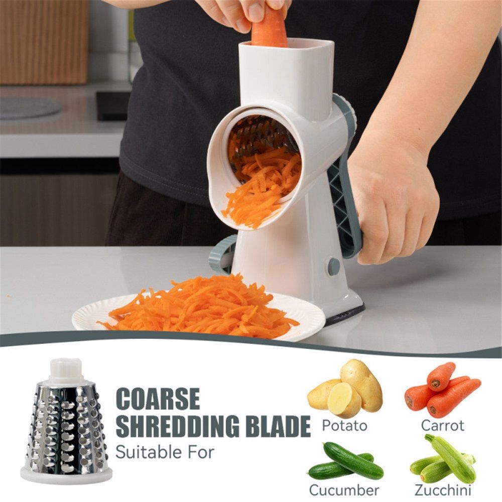 Rotary Cheese Grater Shredder with Handle Handheld Round Vegetable Slicer Carrot Shredder Nut Grinder with 3 Replaceable Stainless Steel Drum Blades and Upgrade Strong Suction, White/Cyan
