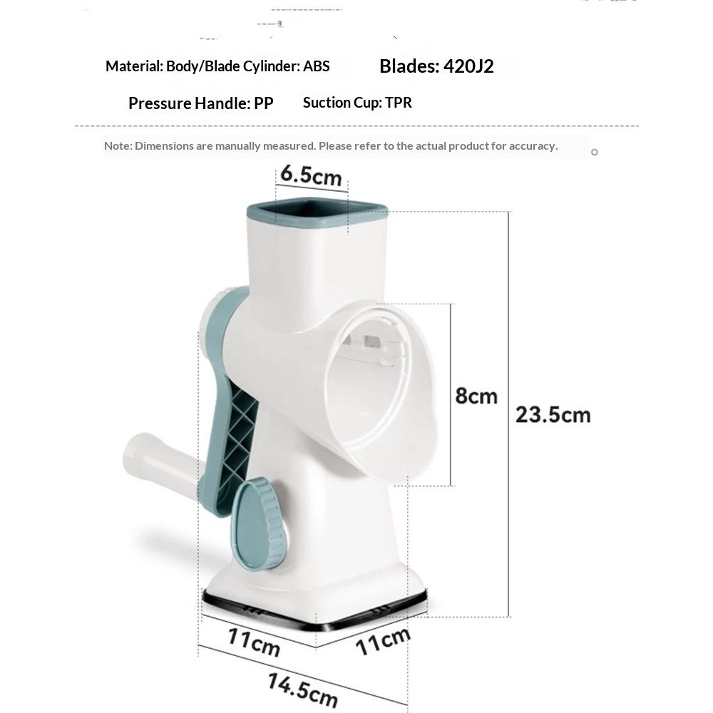 Rotary Cheese Grater Shredder with Handle Handheld Round Vegetable Slicer Carrot Shredder Nut Grinder with 3 Replaceable Stainless Steel Drum Blades and Upgrade Strong Suction, White/Cyan
