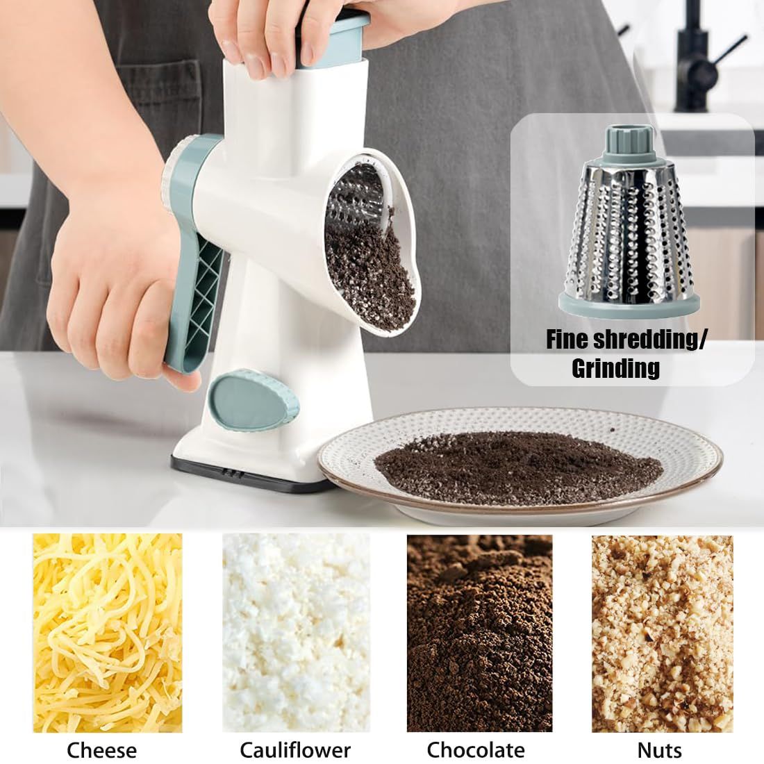 Rotary Cheese Grater Shredder with Handle Handheld Round Vegetable Slicer Carrot Shredder Nut Grinder with 3 Replaceable Stainless Steel Drum Blades and Upgrade Strong Suction, White/Cyan