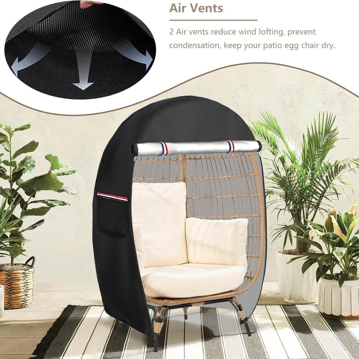 Outdoor Egg Chair Cover,Double Egg Chair Cover for 2 Person Egg Loveseat Chair (Black,Fits 35.4" D x 57.1" W x 56.3" H Egg Chair)（145*90*143cm）