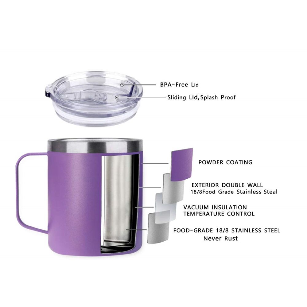 Stainless Steel Insulated Coffee Mug Tumbler with Handle, 14oz Double Wall Vacuum Travel Tumbler Cup with Sliding Lid (Purple)