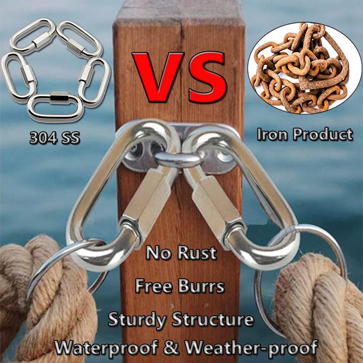 5pcs Quick Link, 304 Stainless Steel D Shape Locking Carabiner Heavy Duty Chain Link Keychain for Outdoor Fence Gate Swings Pet Dog M8