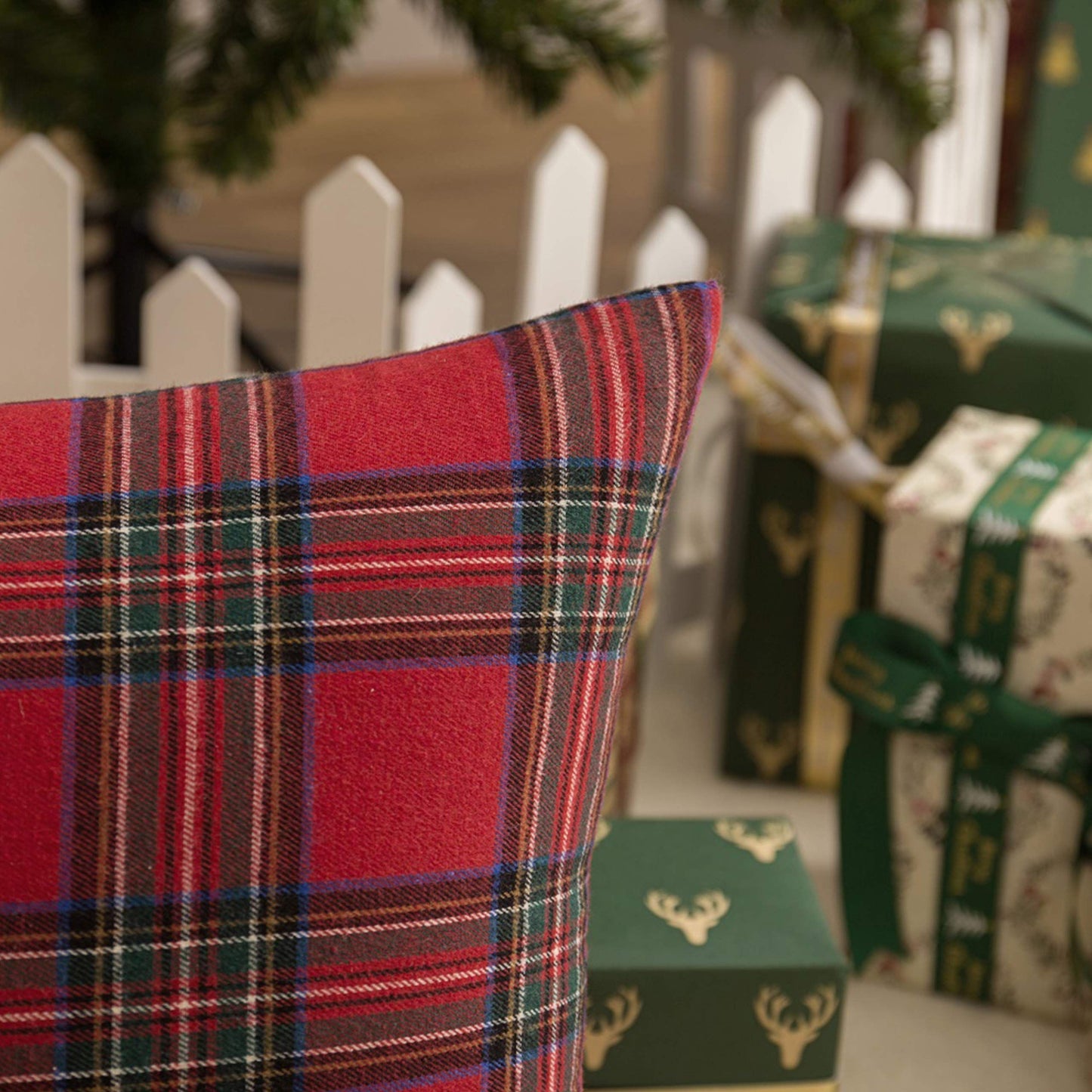 Pack of 2 Christmas Plaid Decorative Throw Pillow Covers Scottish Tartan Cushion Case for Farmhouse Home Holiday Decor Red, 18 x 18 Inches