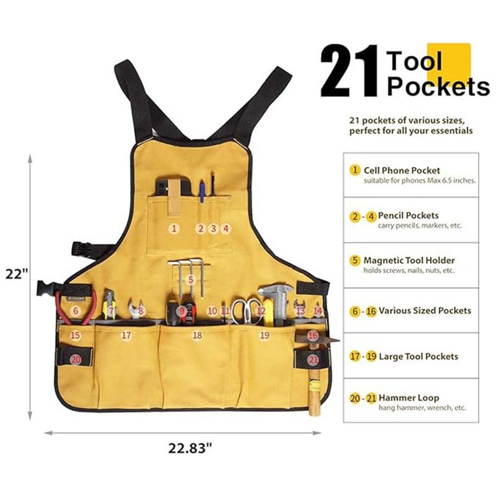 Work Tool Apron for Men and Women, Torso Length with 21 Tool Pockets, Durable Canvas Apron, DIY Enthusiasts, Gifts for Men for Christmas(Yellow)