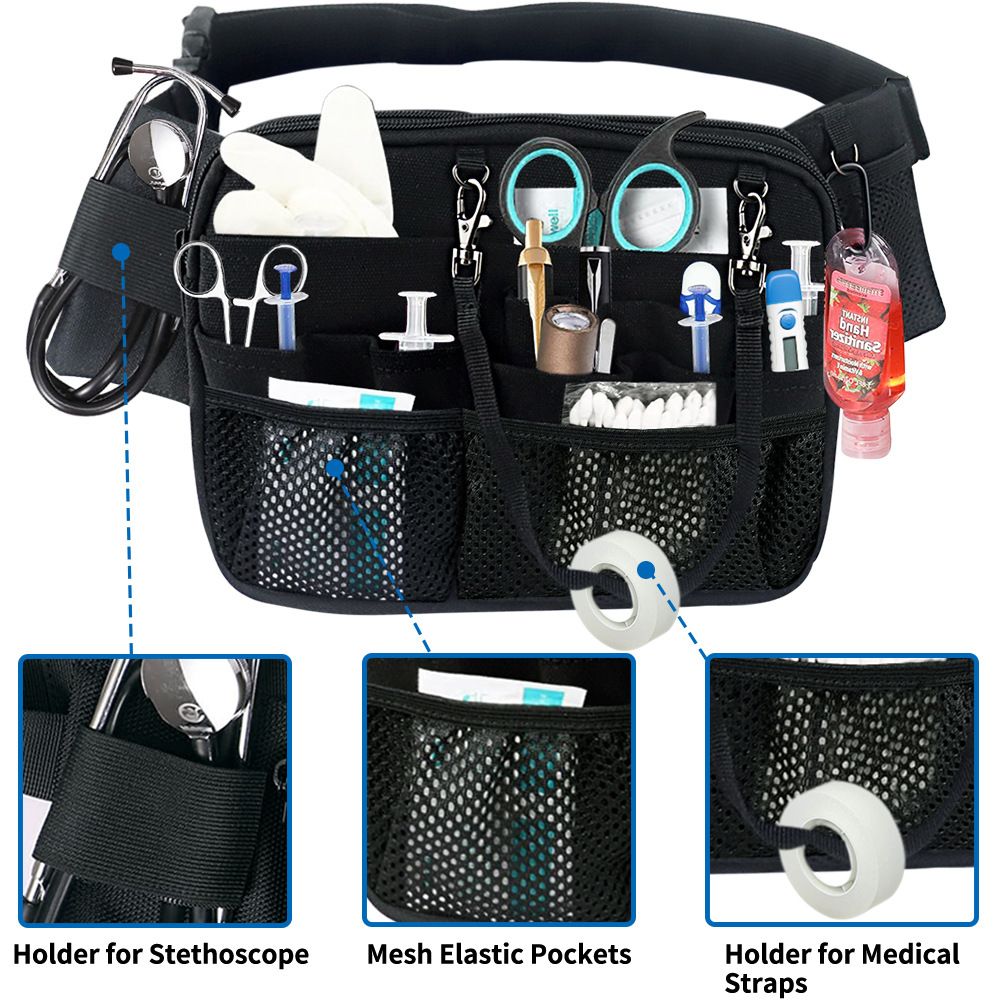 Nurse Belt Pack with Multi-Compartment Tool Strap Practical with Medical Equipment Pocket and Tape Holder for Stethoscope Bandage Scissors or other Supplies Black(oniy bag)