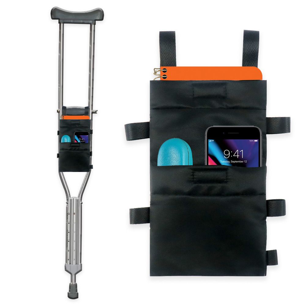Large Capacity Accessories Storage Pouch Organizer Bag with Drink Holder and Multiple Pockets, Universal Waterproof Crutches Bag, Underarm Crutches Attachment (Black,oniy bag)
