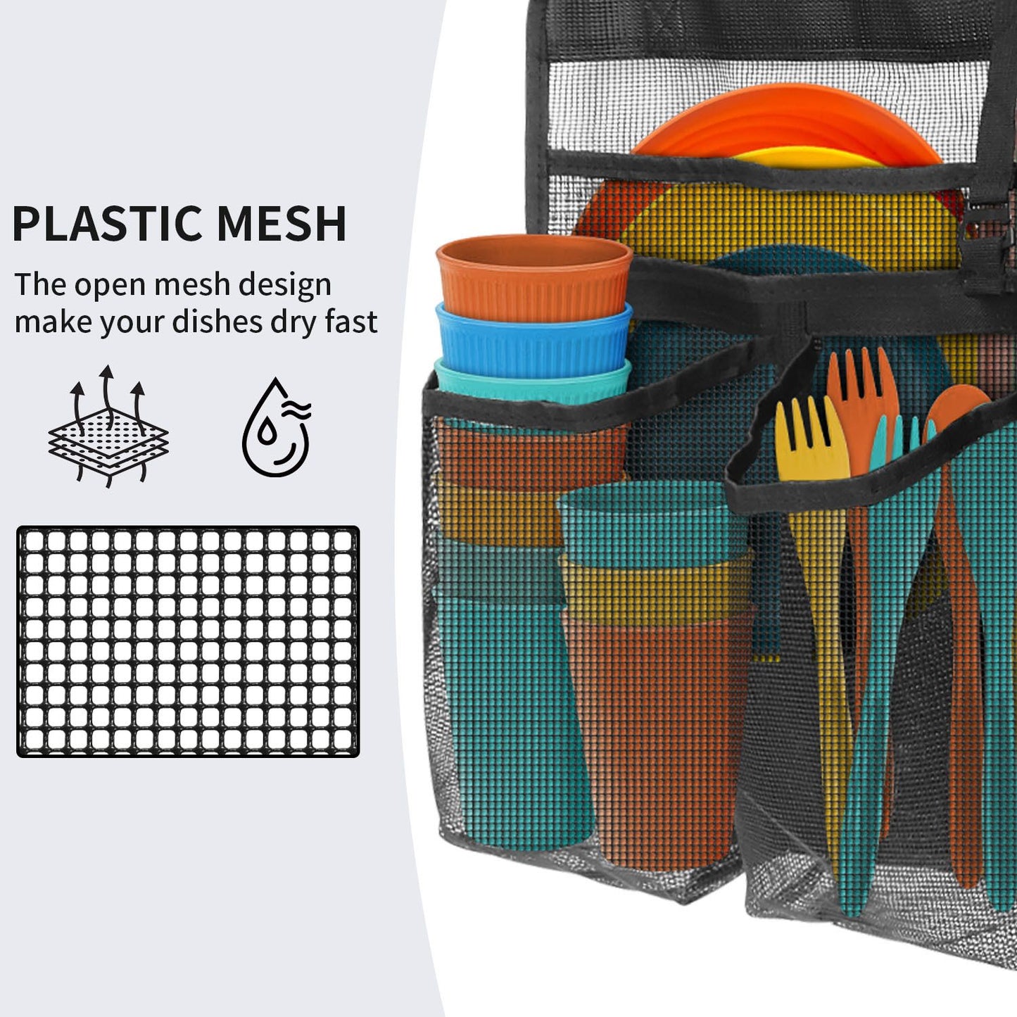 Camping Dish Drying Bag Collapsible Dish Drying Rack, Portable Mesh Dinnerware Drainer Organizer for RV Campers Travel Trailers Space Saving Camping Kitchen Storage Rack (black)